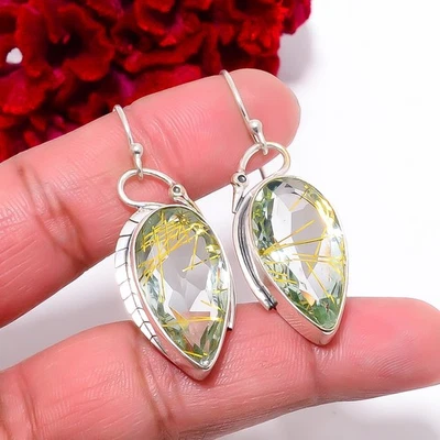 Golden Rutilated Quartz Designer Handmade 925 Sterling Silver Earring 1.87" E535 - Image 1 of 4