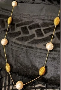 Anne Klein Long Gold Tone Beehive  Beads Floating Pearls Station Necklace Signed - Picture 1 of 6