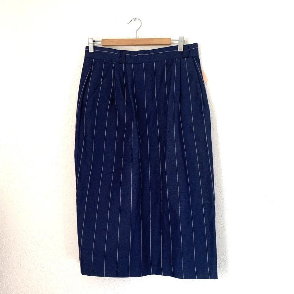 Vintage Deadstock Jaclyn Smith Midi Skirt Women 16 Linen Navy Pinstripe Career - Image 1 of 4