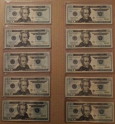 Lot of 10x $20 Bills - FANCY SERIAL NUMBER "5 of a Kind" Set! (00000-99999) VF-X - Image 1 of 4