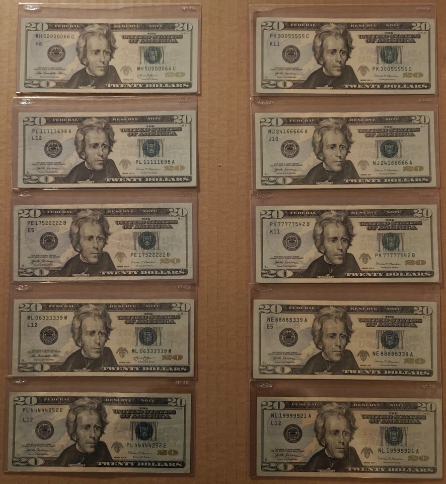 Lot of 10x $20 Bills - FANCY SERIAL NUMBER "5 of a Kind" Set! (00000-99999) VF-X - Image 1 of 4