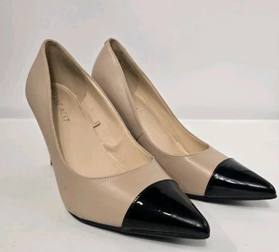 Nine West Nerisha 3 Nude Pump Black Patent Capped Toe 3.5" High Heel Women SZ 9 - Image 1 of 4