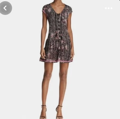 Poupette St Barth Lucy Ruffle Mini Dress M Floral Print Black Pink Resort Travel - Image 1 of 4