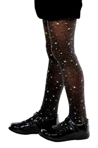 Girls Kids Black Gold Sparkle Shiny Stars Pattern Tights Party Occasions 4-14Y - Picture 1 of 7