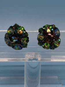 Vintage Signed Vendome Aurora Borealis Blue Green Cluster Clip On Earrings - Picture 1 of 8