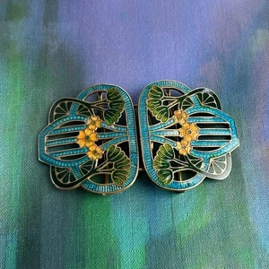Antike Jugendstil große Emaille Gürtelschnalle vergoldet Metall Guilloche Champleve - Bild 1 von 15
