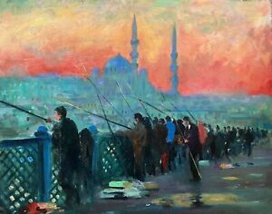 16 x 20 peinture originale artiste Nino Pippa pêcheurs d'Istanbul sur le pont de Balata