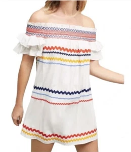 Red Carter Marilyn White Dress Rickrack Trim Off The Shoulder Small $280 Boho - Picture 1 of 16