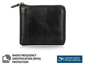 RFID Mens Leather Wallet Zip-Around Credit Card Holder Bifold Purse US Stock - Picture 1 of 6
