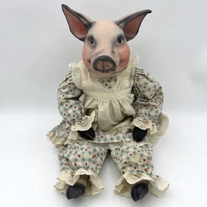 Muñeca de cerdo de arte popular vintage vestido de campo cabeza de porcelana decoración primitiva de granja - Imagen 1 de 24