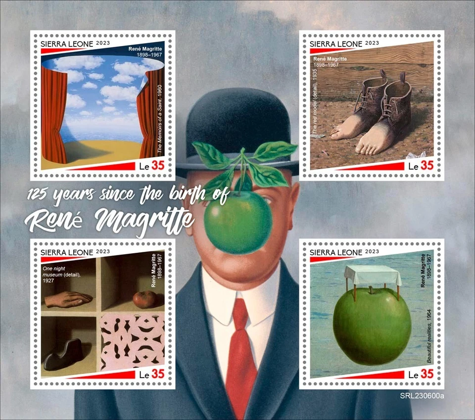 Estampillas artísticas de René Magritte 125 aniversario MNH 2023 Sierra Leona M/S Foto 1 de 1