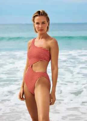 Traje de baño Seafolly Seaside a rayas un hombro rojo de una pieza L20312 talla US 4 Foto 1 de 4