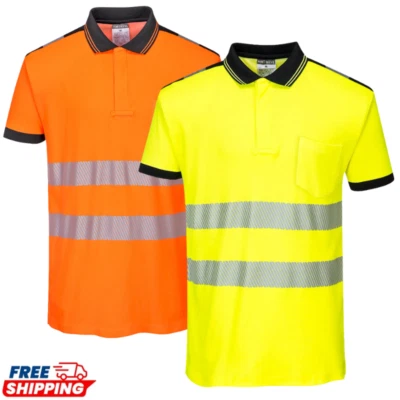 Mens Hi Vis Visibility Polo Shirt Short Sleeve Moisture Wicking Safety Work Top - Image 1 of 4