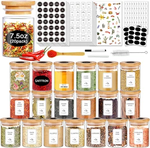 -Spice Jars with Label, 7.5 Oz 20Pcs Spice Containers Glass Jars with Bamboo Lid - Picture 1 of 12