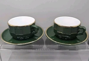 Vintage Aplico France Bistro grün und gold Espresso/kleine Tasse und Untertasse x 2 - Bild 1 von 3