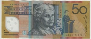 Billete Australia $50 Stevens Henry polímero primer prefijo AA09 repetidor número  - Imagen 1 de 2