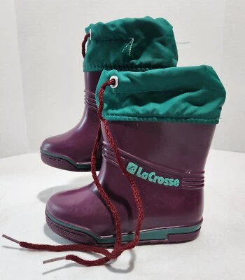 Botas de Lluvia Niños LaCrosse Talla Y 7 Goma Impermeables Hechas en EE. UU. Púrpura/Verde azulado Años 90 Foto 1 de 4