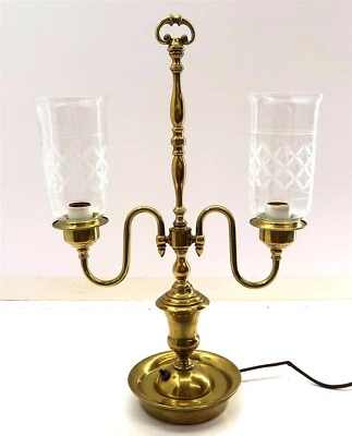 Vintage Brass Double Arm Student Lamp with Clear Etched Glass Shades NEEDS WIRED - Image 1 of 4