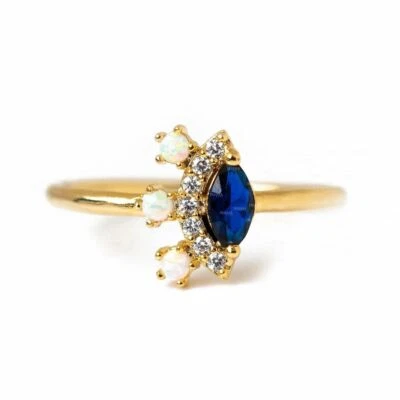 Genuine Diamond Opal Blue Sapphire Stone Gift Ring in 14k Gold Fine Jewelry - Image 1 of 4