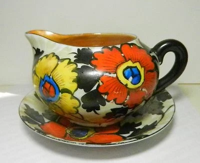 Jarra pequeña y placa base - Hdpt'd flores NARANJA BRILLO IRIDISCENTE BRILLANTE - Japón Foto 1 de 4