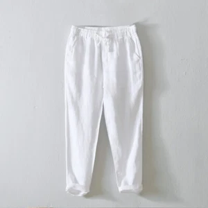 Men 100% Linen Cropped Pants Drawstring Elastic Waist Pants Slim Casual Trousers - Picture 1 of 30