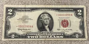 1963 A Two Dollar Bill RED SEAL LOW SERIAL NUMBER - STAR NOTE #00003959A - Picture 1 of 5