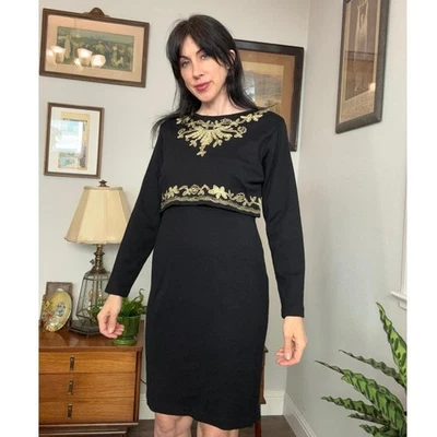 Vestido Carole Little años 80 90 negro con bordado dorado mezcla lana tela  Foto 1 de 4