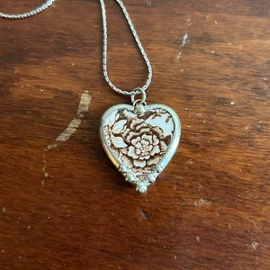 Handcrafted Vintage Ceramic Upcyled Heart Necklace 15” Chain Silver Brown White - Picture 1 of 4
