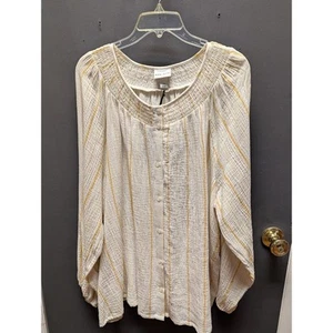 Ava & Viv Size 2X Plus Blouse Top Yellow Cream Stripe Cotton blouson long sleeve - Picture 1 of 6