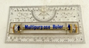 Vintage Multi Purpose Drafting Rolling Brass Ruler Clear w/ Blue Text 5.25" Long - Picture 1 of 9