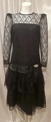 Vestido midi formal vintage anos 80 Whimsigoth punk bruxa em camadas renda preta tamanho 9 - Imagem 1 de 4
