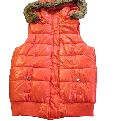 Women's Fur Trimmed Hooded Puffer Vest Vivid Orange SZ M Y2K 90's Retro Outdoors - Image 1 of 4