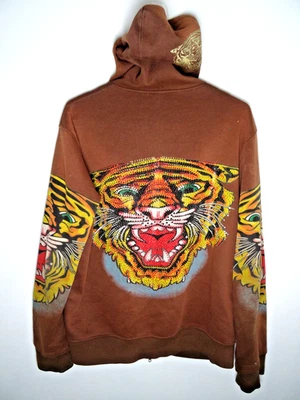 Vintage Y2K Ed Hardy Hoodie Mens Large Tiger Tattoo Grunge Full Zip Brown - Image 1 of 4