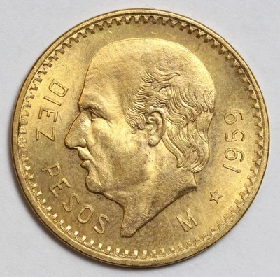 Moneda de Oro 1959-M México (10) Diez Pesos Sin Circular, Destacado Lustre KM# 473 Foto 1 de 2