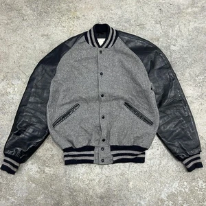 Vintage DeLong Varsity Jacket Mens 44 Long Gray Black Wool Leather Snap ACS 90s - Picture 1 of 10