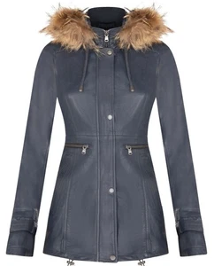 Chaqueta de cuero azul marino desmontable parka gabardina para mujer - Imagen 1 de 6