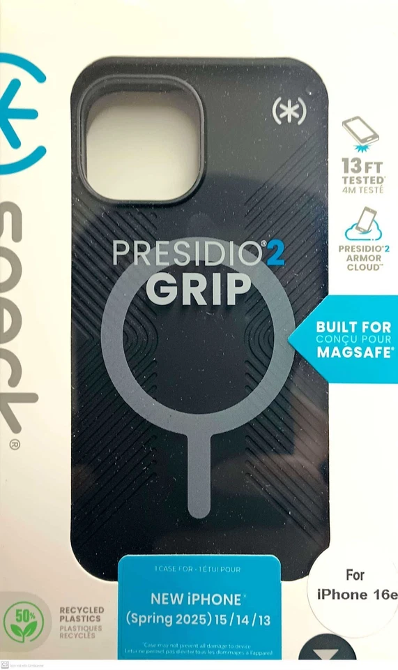 Speck Presidio2 Grip with MagSafe Case For iPhone 16e/15/14/13-Black