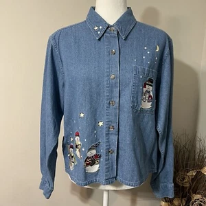 Chaqueta Camisa Corta Muñeco de Nieve Vintage Christopher & Banks Mujer Talla M Azul Denim - Imagen 1 de 11
