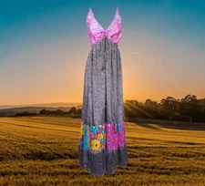 Womens Strappy Sundress, Pink Gray Handmade Recycled Silk Dress, Spaghetti S/M