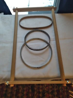 VTG Wooden Stretcher & 3 VTG Metal Hoops With Springs 2 Round 1 Oval Craft Frame - Image 1 of 4