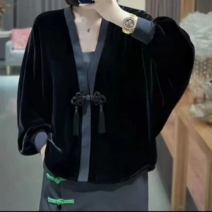Lady Chinese Style Velvet Cardigan Top V-neck Dolman Sleeve Coat Button Overcoat - Picture 1 of 12