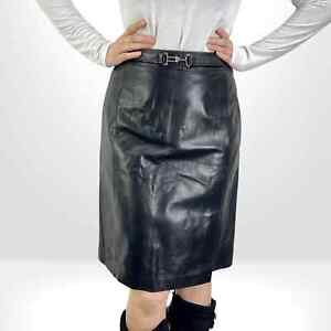 90s Ann Taylor Vintage Black Leather Knee Length Pencil Skirt 