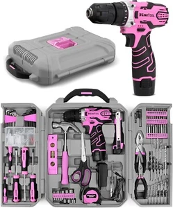 KingTool 219-teiliges rosa Werkzeugset mit 12V Akkuschrauber für Haus & Garten - Bild 1 von 8