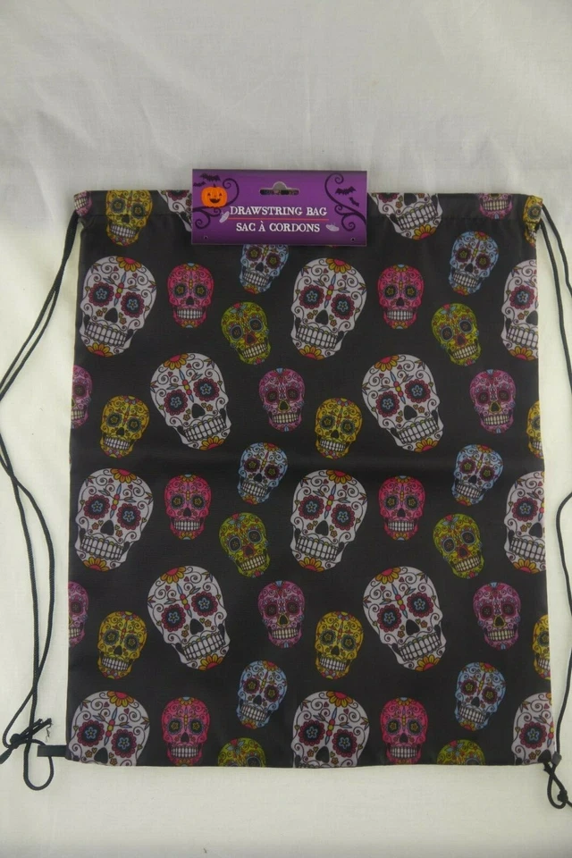 2 Sugar Skull Drawstring Bag Reuseable Gift Sack Backpack Day of The Dead