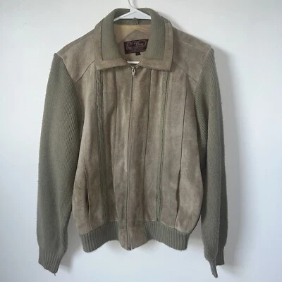 Vintage Sweater Cardigan Jacket Mens M L Beige Knit Suede Leather Retro Zip 70s - Image 1 of 4