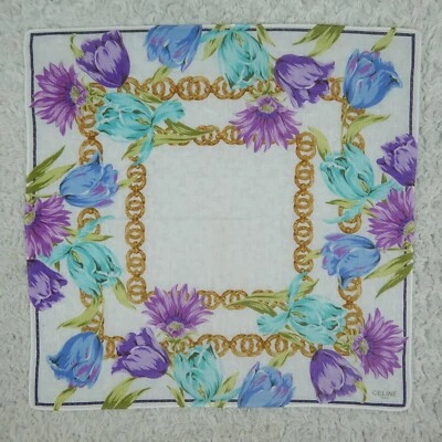 N119 CELINE Flor Blanco Algodón Bufanda Bufandas Bolsillo Cuadrado 18.5" X 18" Foto 1 de 4