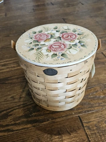 Peterboro Basket Co Ice Bucket Liner Floral Top Handmade G Moore Hand Painted Cover