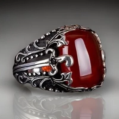 Red Agate Men's Ring 925 Sterling Silver With Sword Sides Size 7-15 - Image 1 of 4