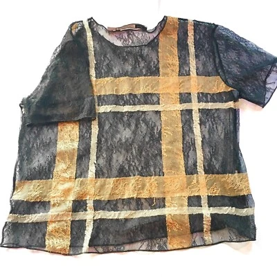 SPORTMAX Camiseta Encaje Camiseta Top Cuadros Rayas Negro Beige Foto 1 de 4