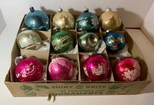VTG Shiny Brite Glass Ball Christmas Ornaments (12) Pink Snow Cap Stencil 2 7/8” - Picture 1 of 15